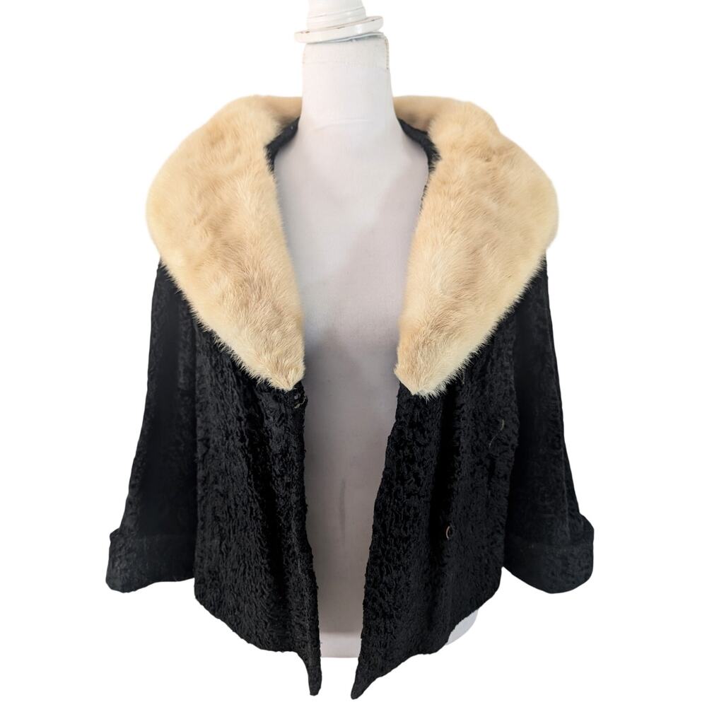 VINTAGE DENHOLMS! BLONDE GENUINE MINK FUR & BLACK MOUTON CROPPED JACKET, COAT! S